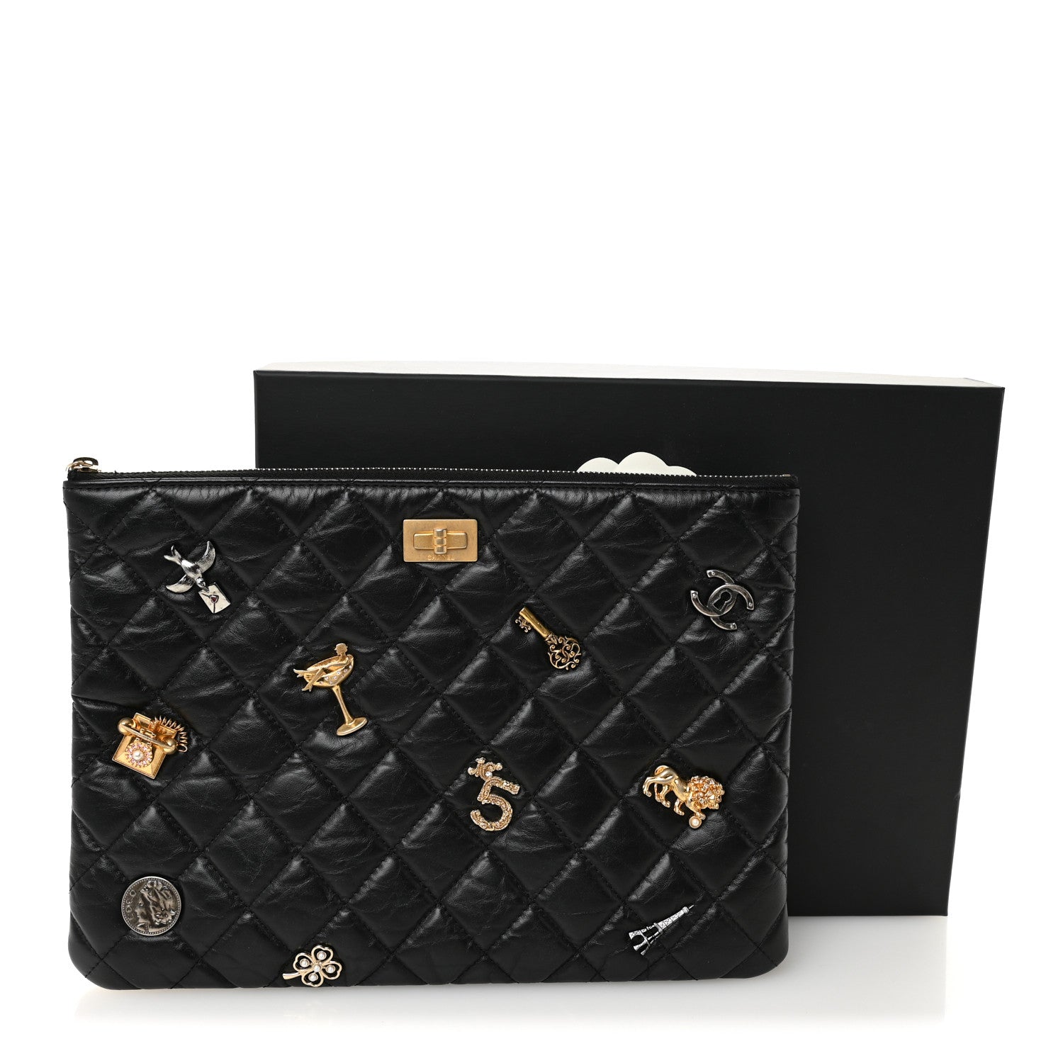 Chanel Aged Calfskin Quilted Medium Lucky Charms Cosmetic Case Black 8 of 9