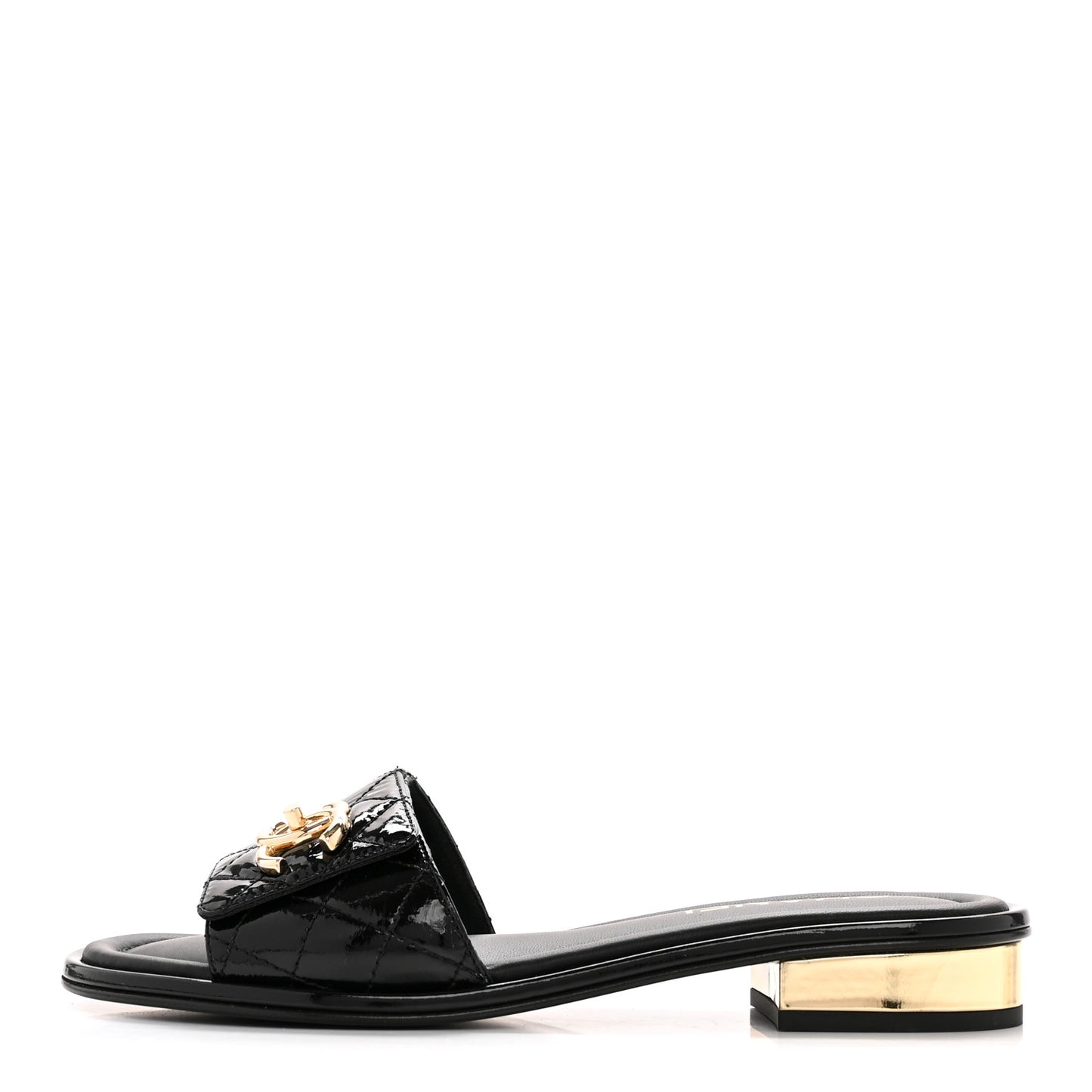 Patent Goatskin Quilted CC Mules Sandals 36 Black
