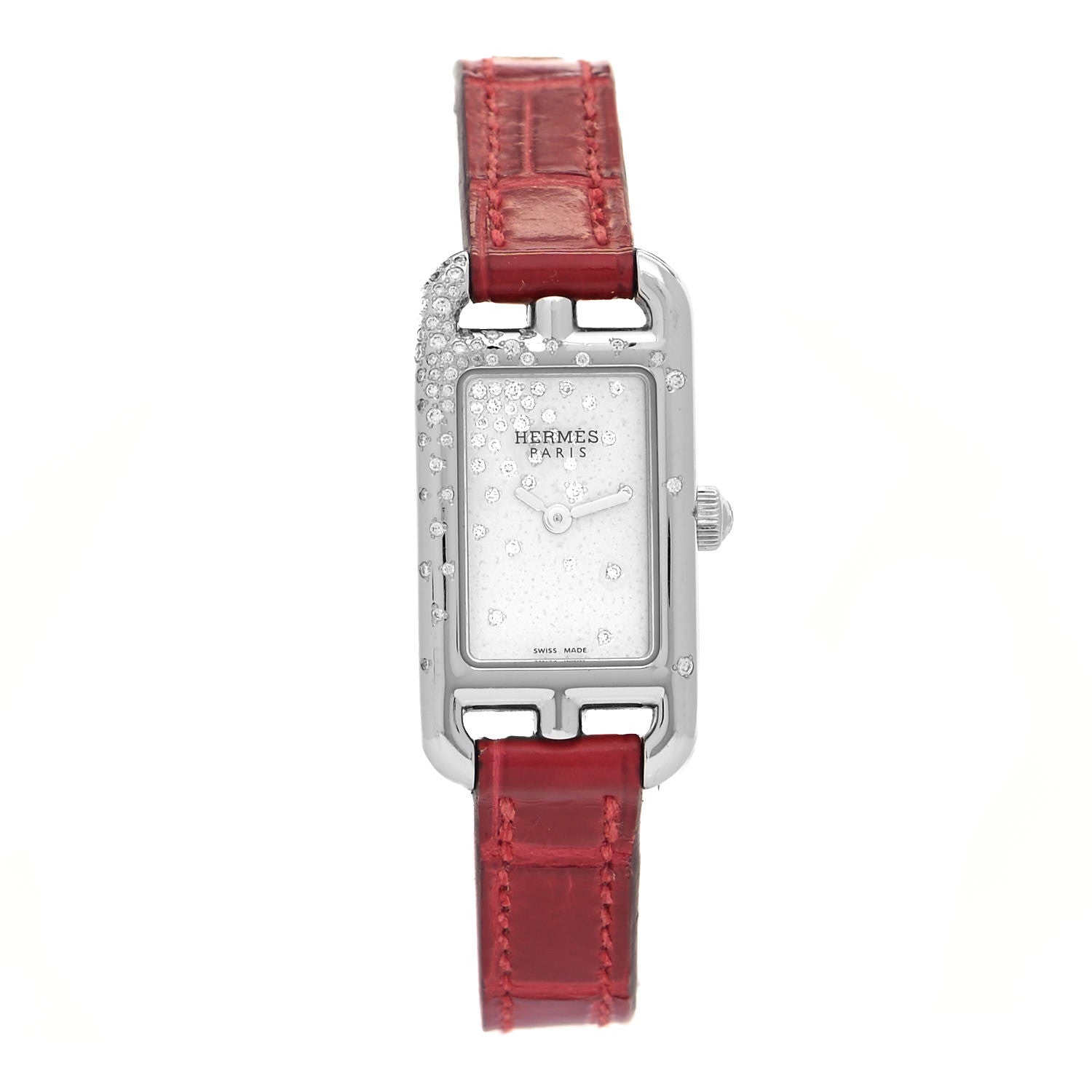 Hermes Stainless Steel Alligator Diamond 17mm Nantucket Jete De Diamants Quartz Watch Braise 1 of 5