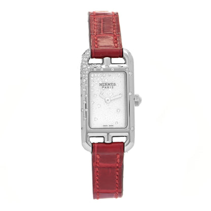 Hermes Stainless Steel Alligator Diamond 17mm Nantucket Jete De Diamants Quartz Watch Braise 1 of 5