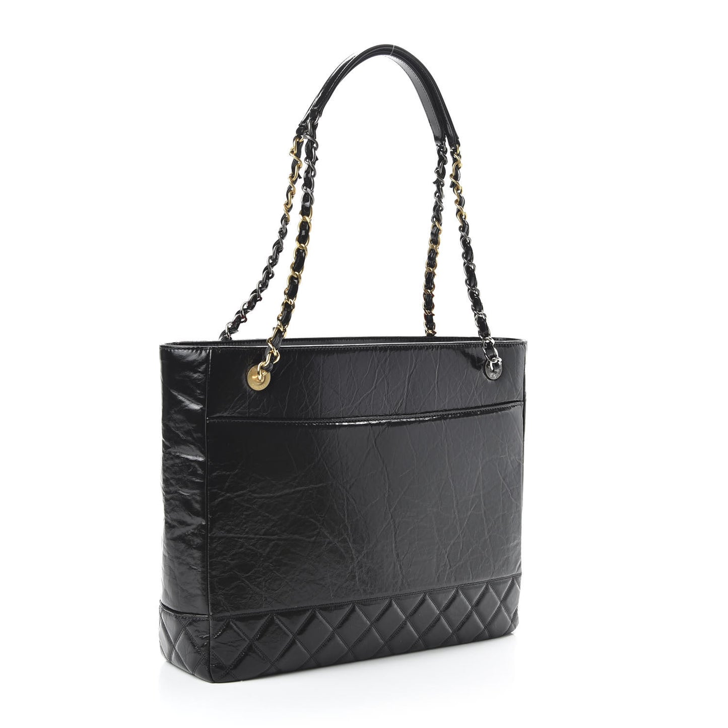 Shiny Aged Calfskin Quilted Large Shopping Bag Black