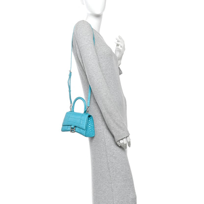 Balenciaga Shiny Calfskin Crocodile Embossed Hourglass Top Handle Bag XS Azur 2 of 9