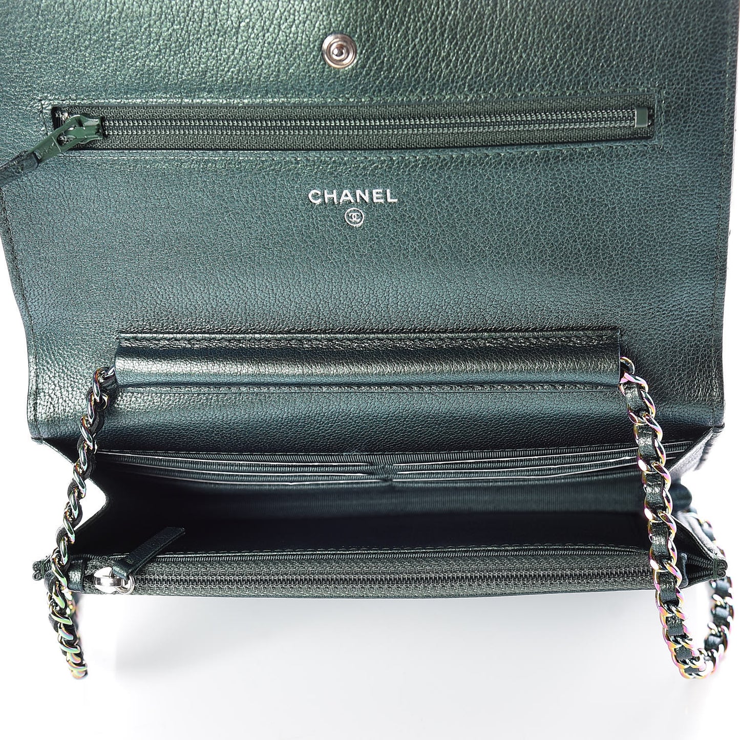Iridescent Goatskin Quilted Wallet On Chain WOC Green