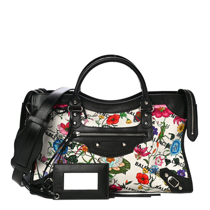 Balenciaga X GUCCI Canvas Azalea Calfskin Flora Logo Print Neo Classic Silver Hardware Medium City White Multicolor Black 1 of 10
