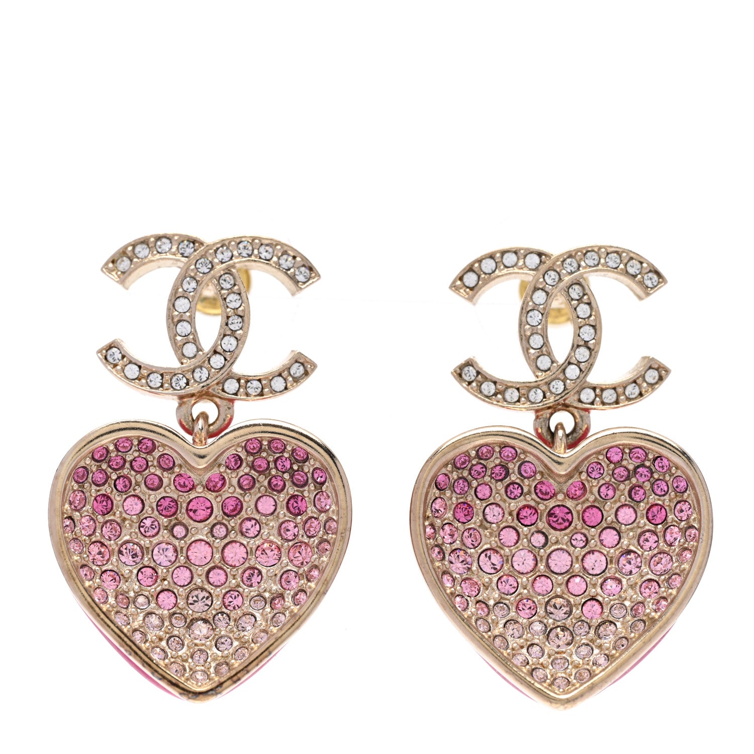 Chanel Crystal CC Resin Heart Drop Earrings Pink Gold 1 of 4
