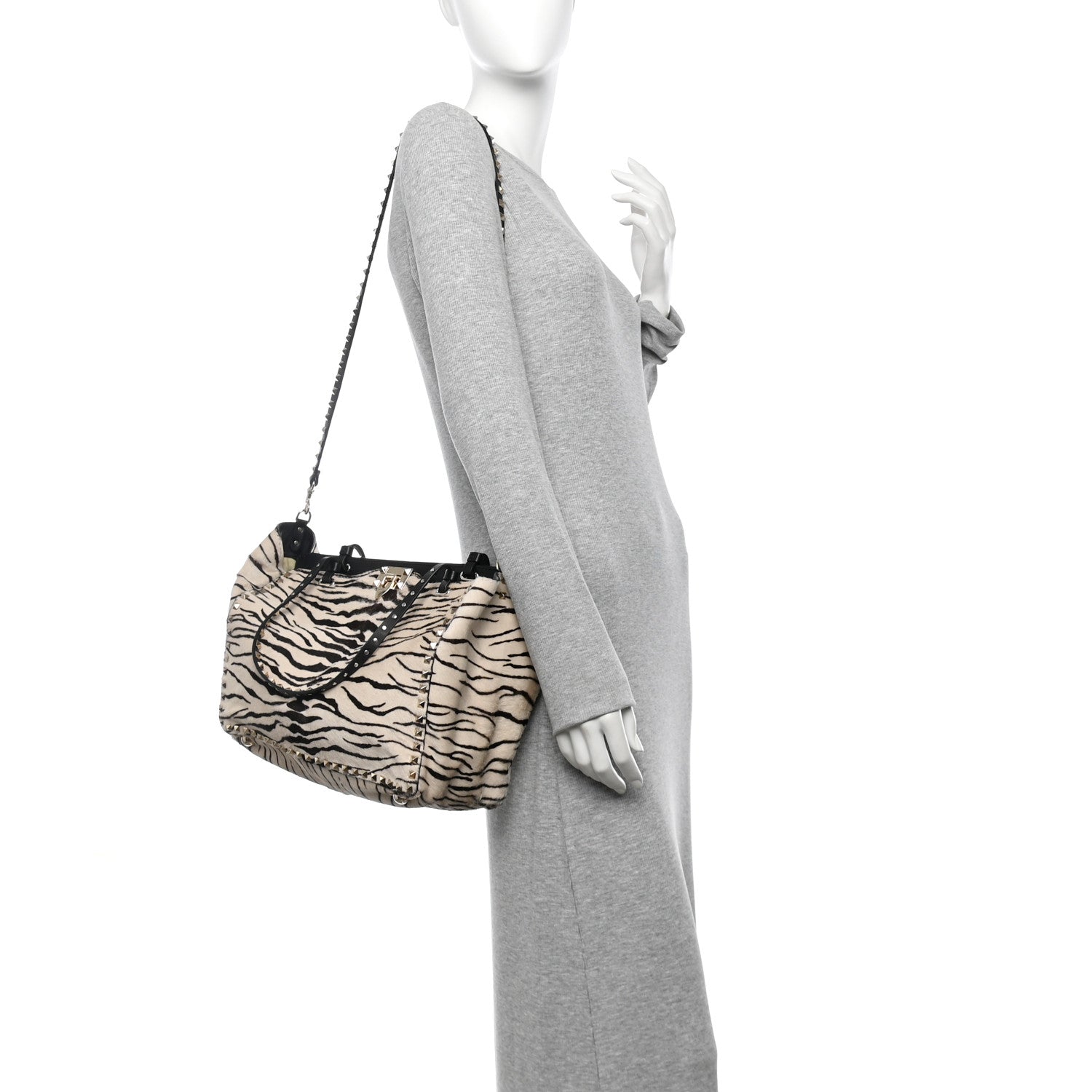 Valentino Garavani Pony Hair Zebra Rockstud Tote Black Ivory 3 of 25