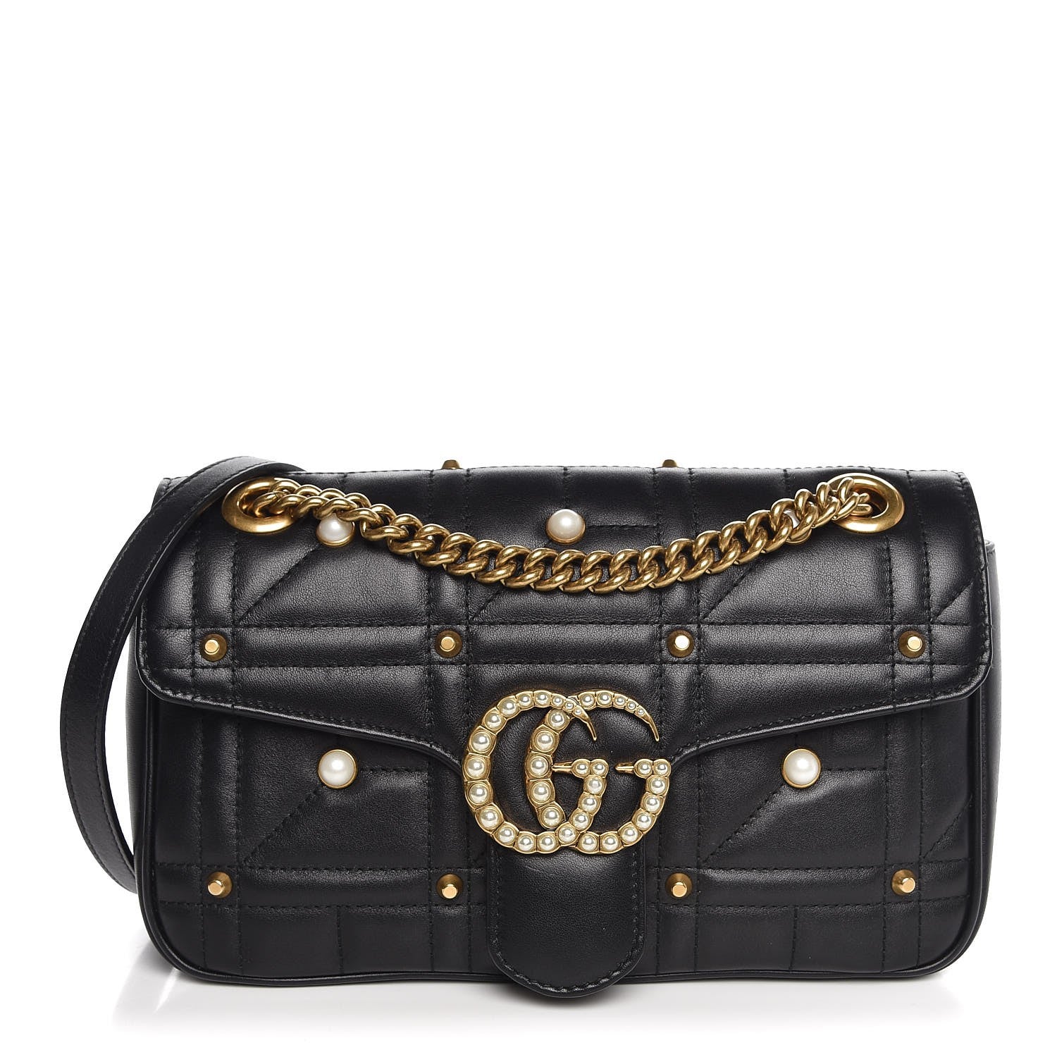 Gucci Calfskin Matelasse Studded Small Pearly GG Marmont Shoulder Bag Black 1 of 8