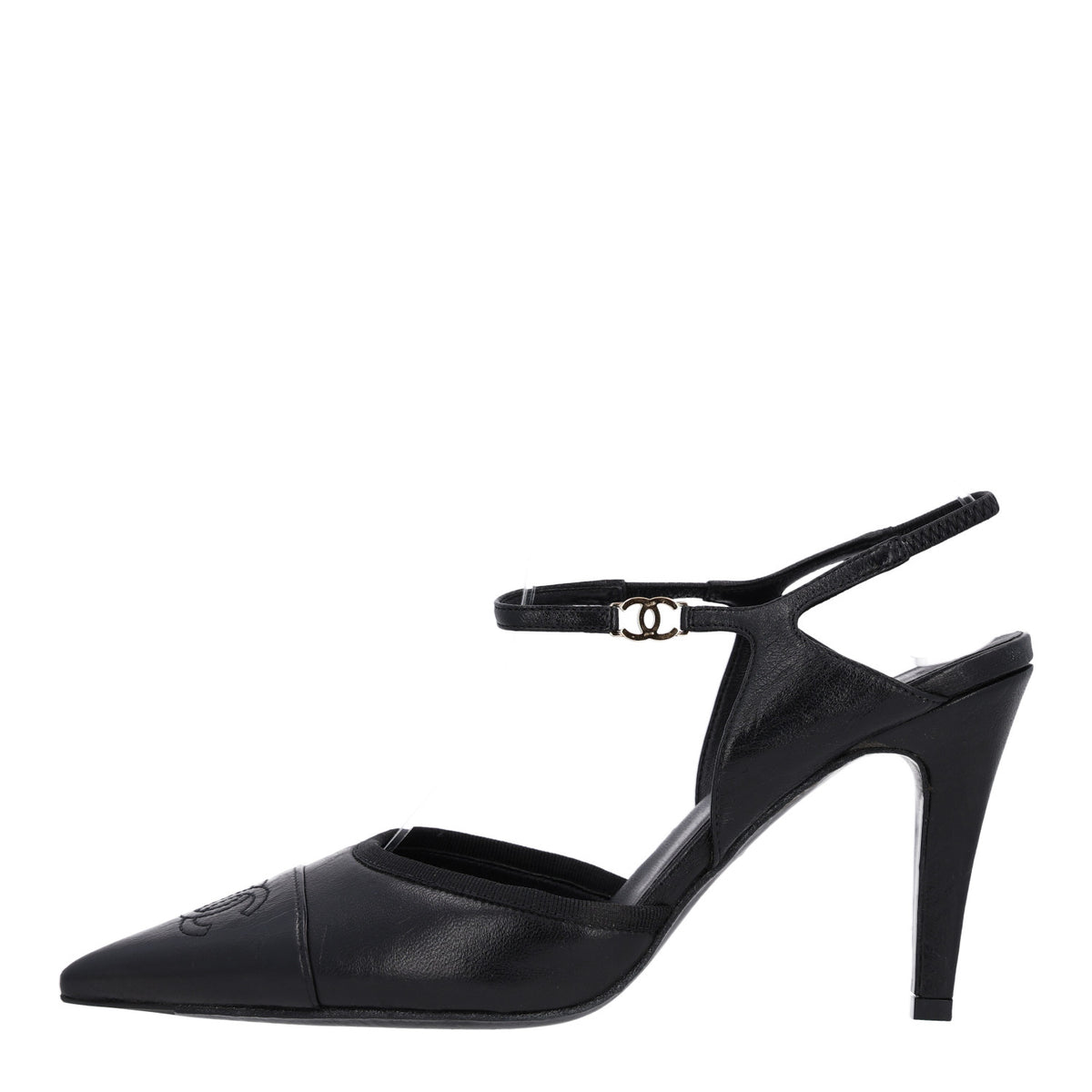 Chanel Iridescent Lambskin Pointed Cap Toe CC Slingback Pumps 37.5 Black 1 of 10
