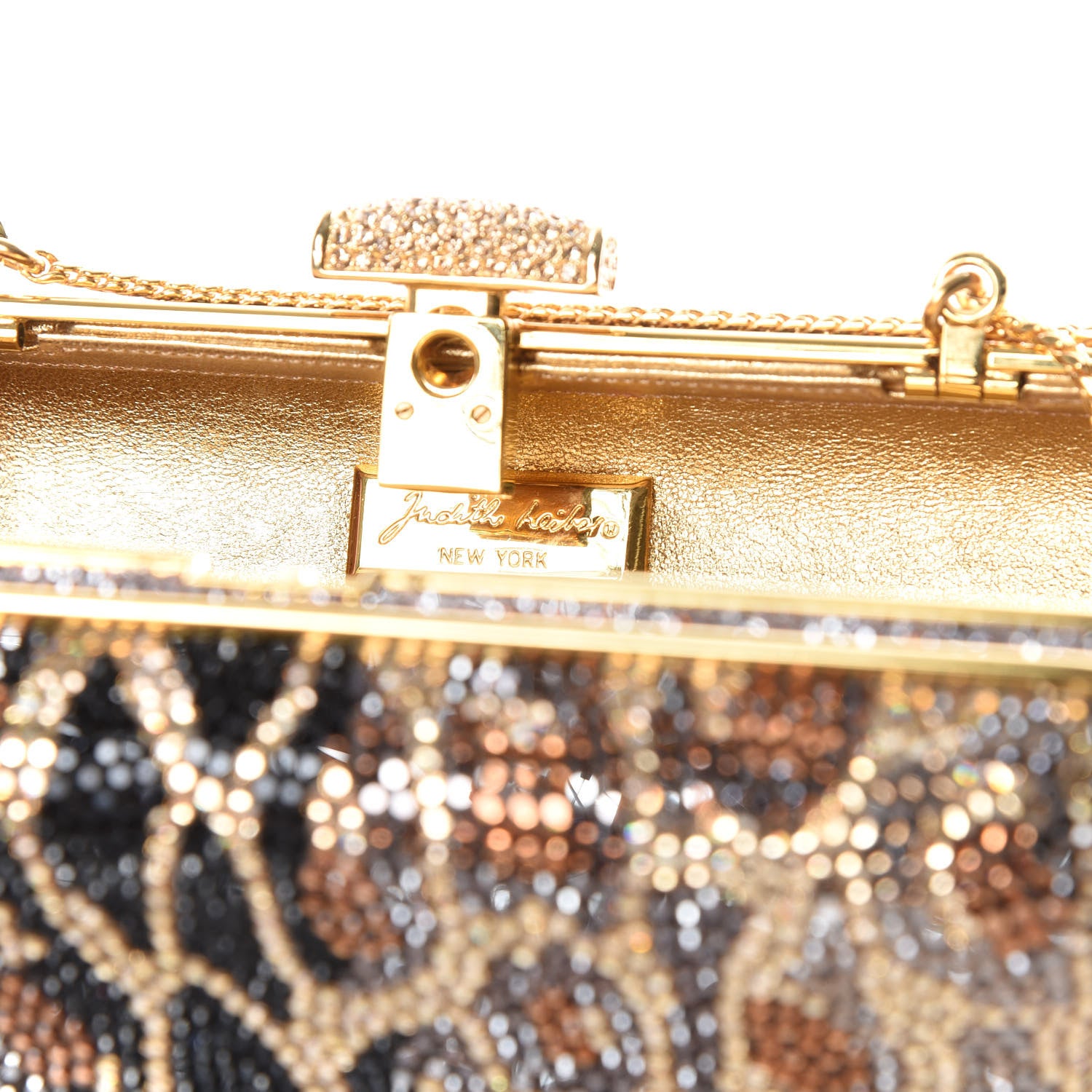 Judith Leiber Crystal Leopard Minaudiere Clutch Gold Brown 9 of 12