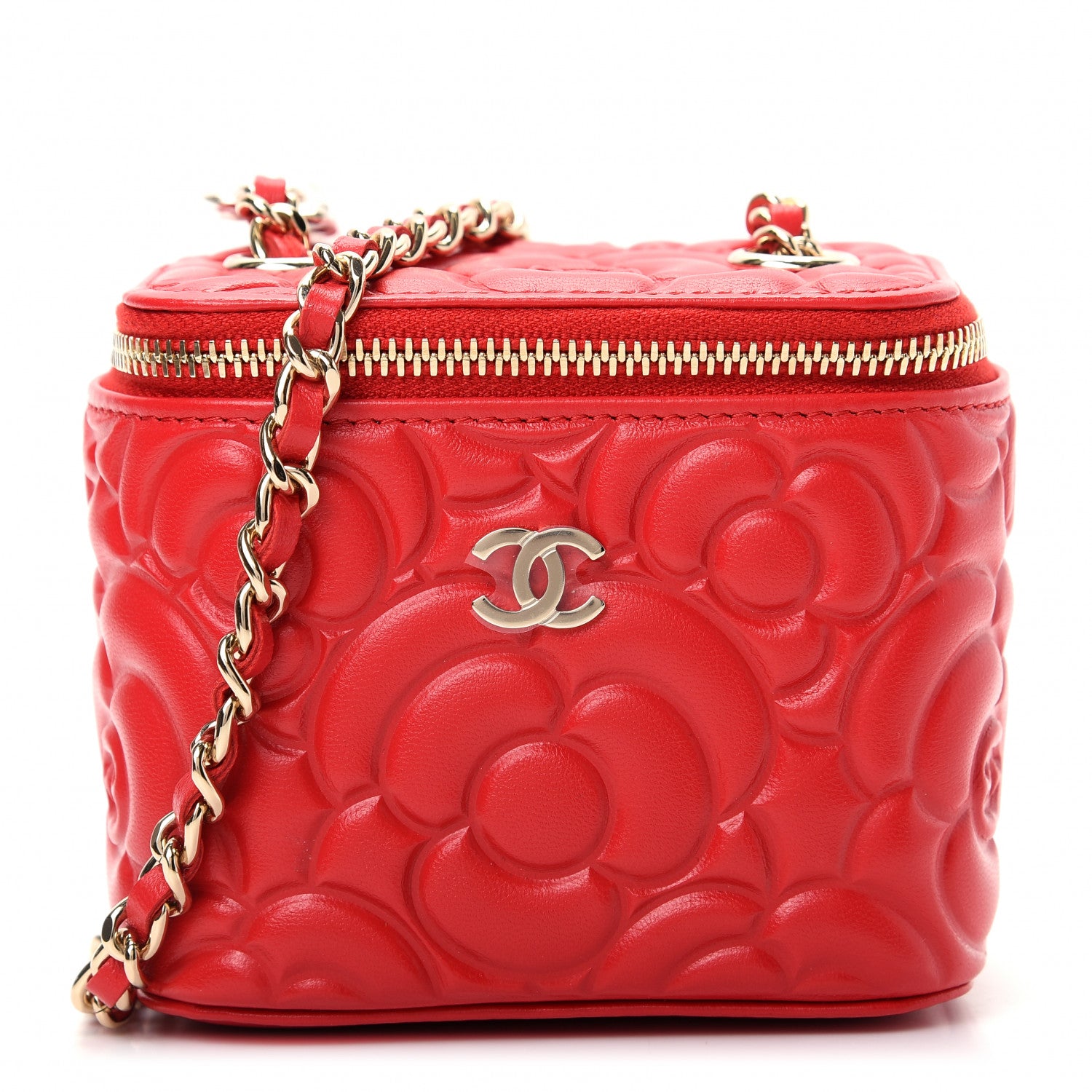 Chanel Lambskin Camellia Embossed Mini Vanity Case With Chain Red 1 of 10