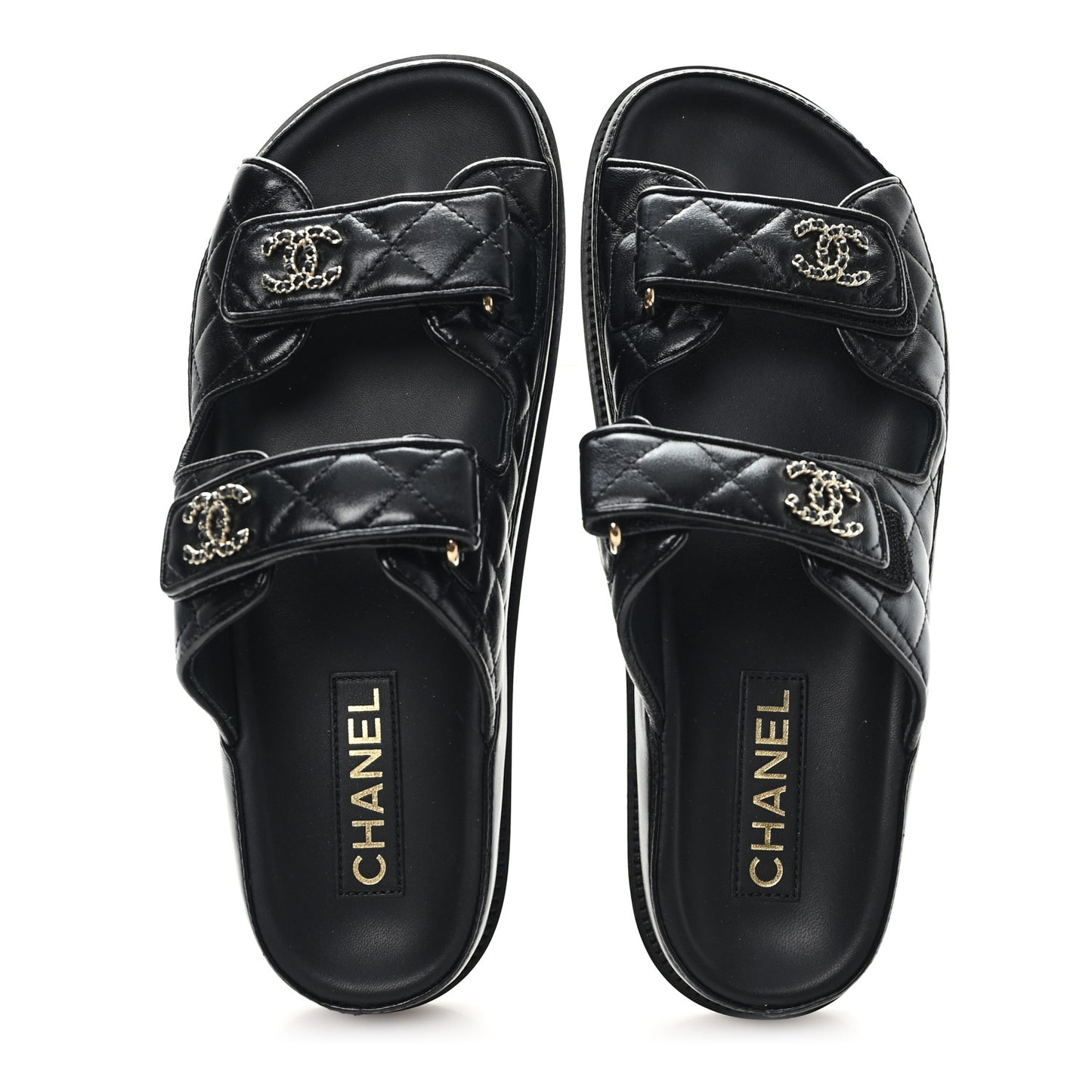 Lambskin Quilted Velcro Dad Chain CC Slide Sandals 40 Black