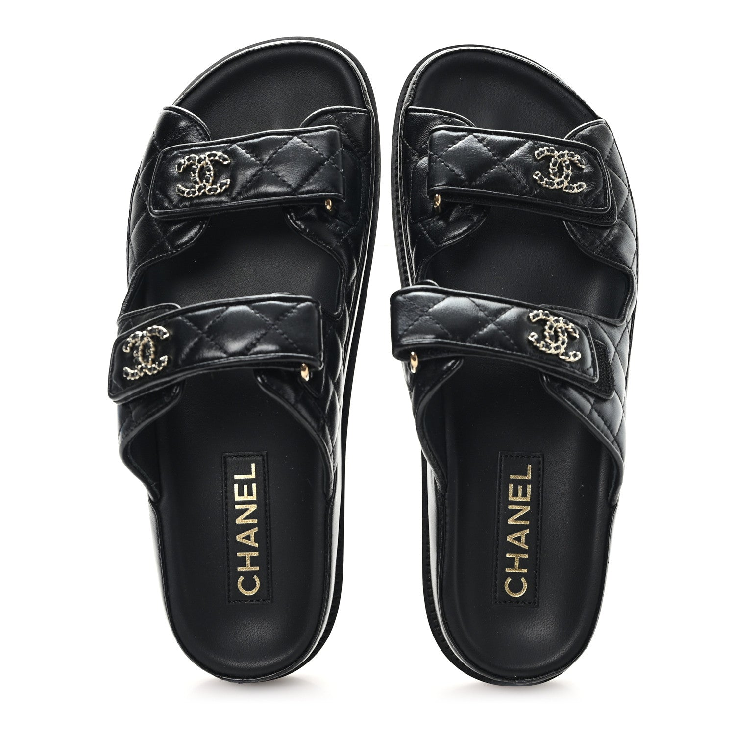 Chanel Lambskin Quilted Velcro Dad Chain CC Slide Sandals 40 Black 2 of 9