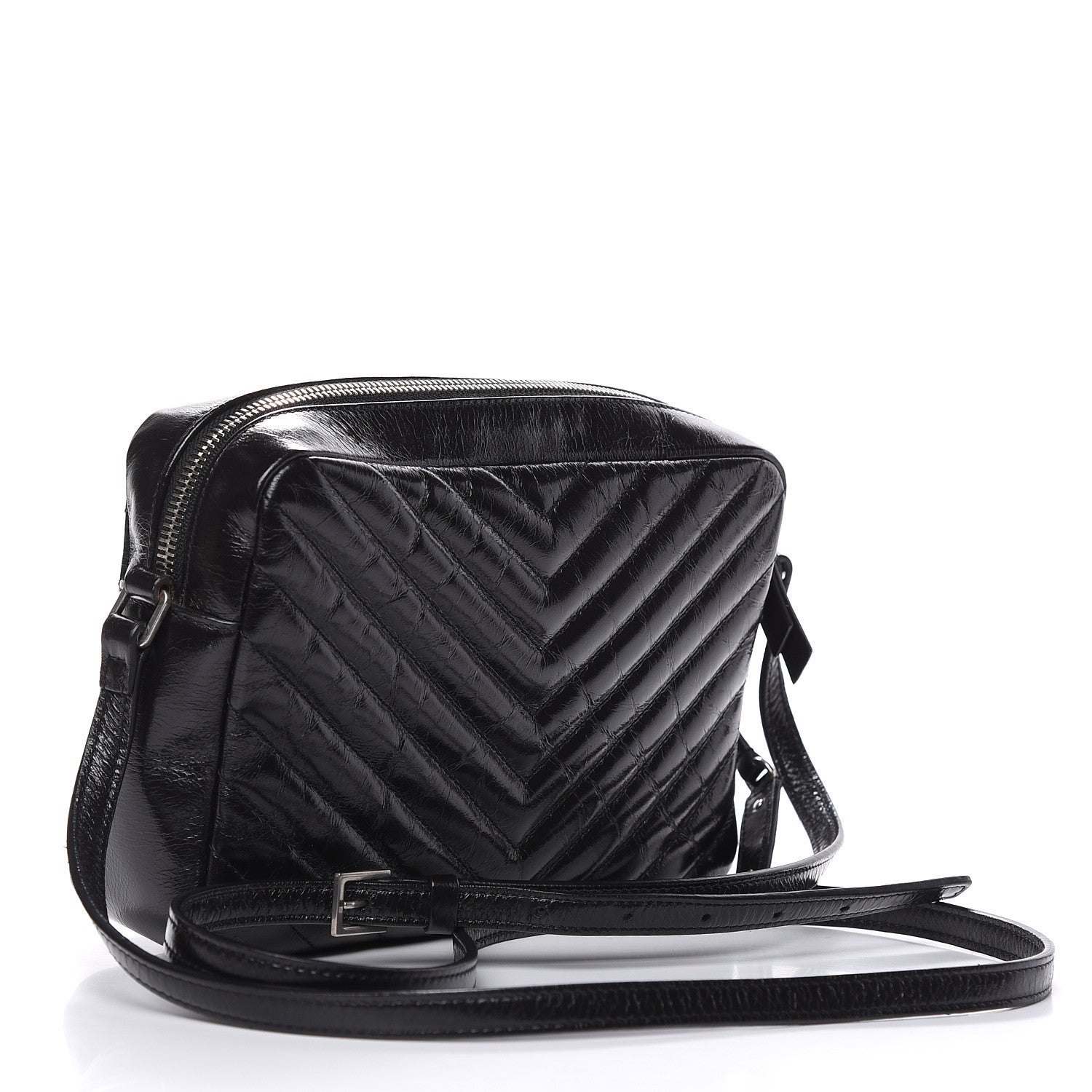 Saint Laurent Cracked Shiny Calfskin Matelasse Monogram Lou Camera Bag Black 3 of 9