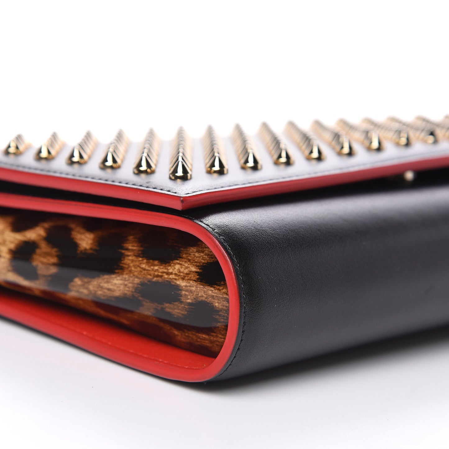 Calfskin Patent Leopard Spikes Paloma Clutch Black