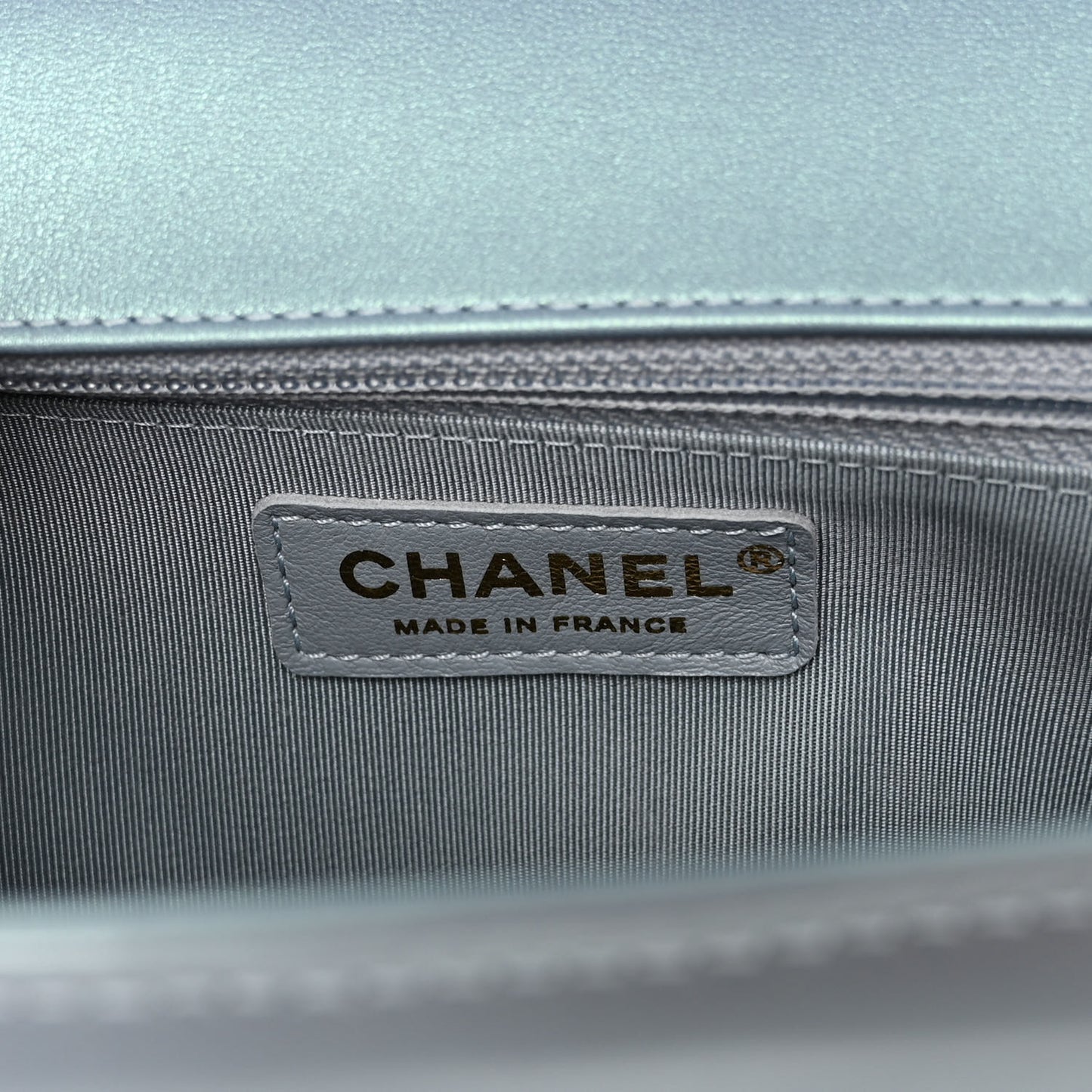 Iridescent Glazed Calfskin Quilted New Medium Boy Flap Light Blue