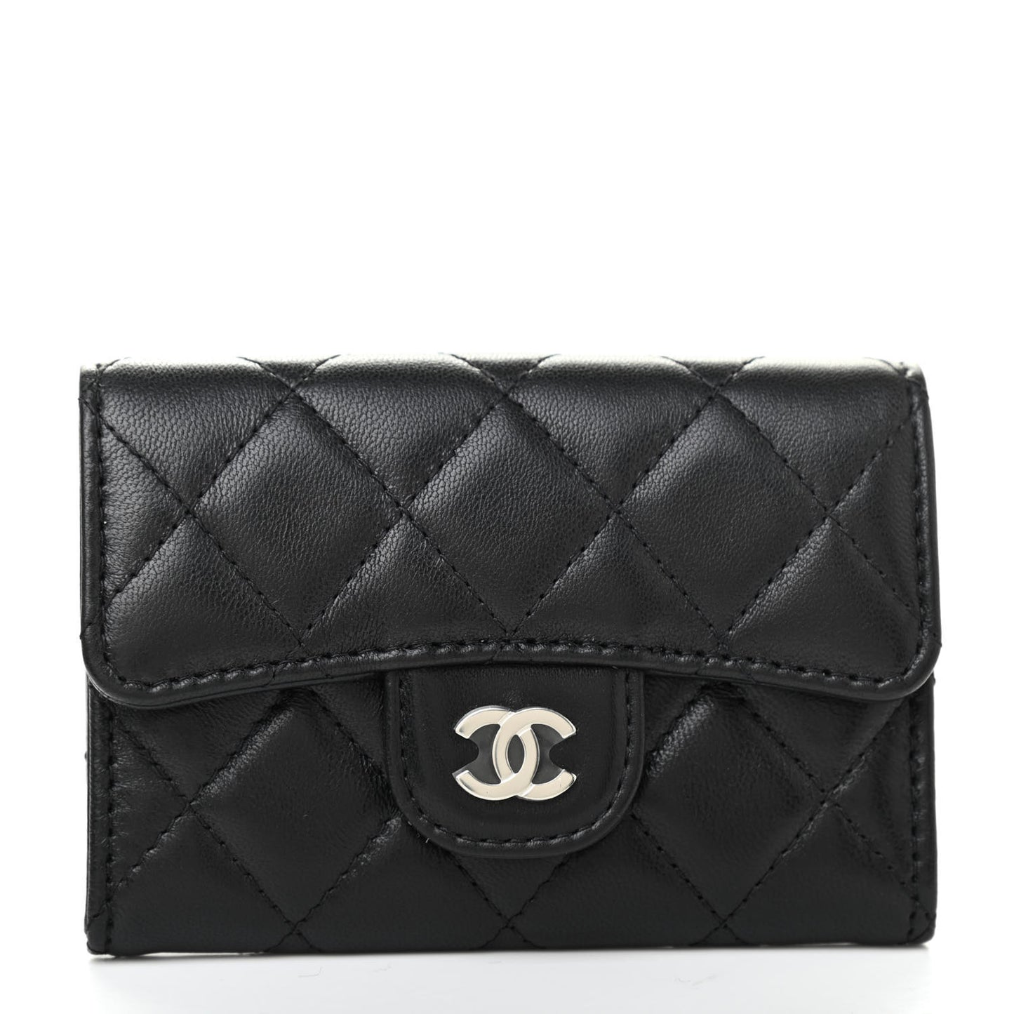 Lambskin Quilted Flap Card Holder Wallet Black