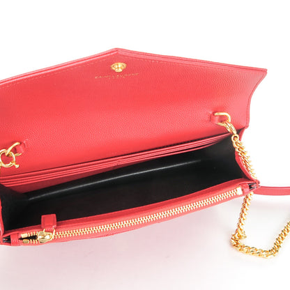 Saint Laurent Grain De Poudre Matelasse Chevron Monogram Envelope Chain Wallet New Red 5 of 7