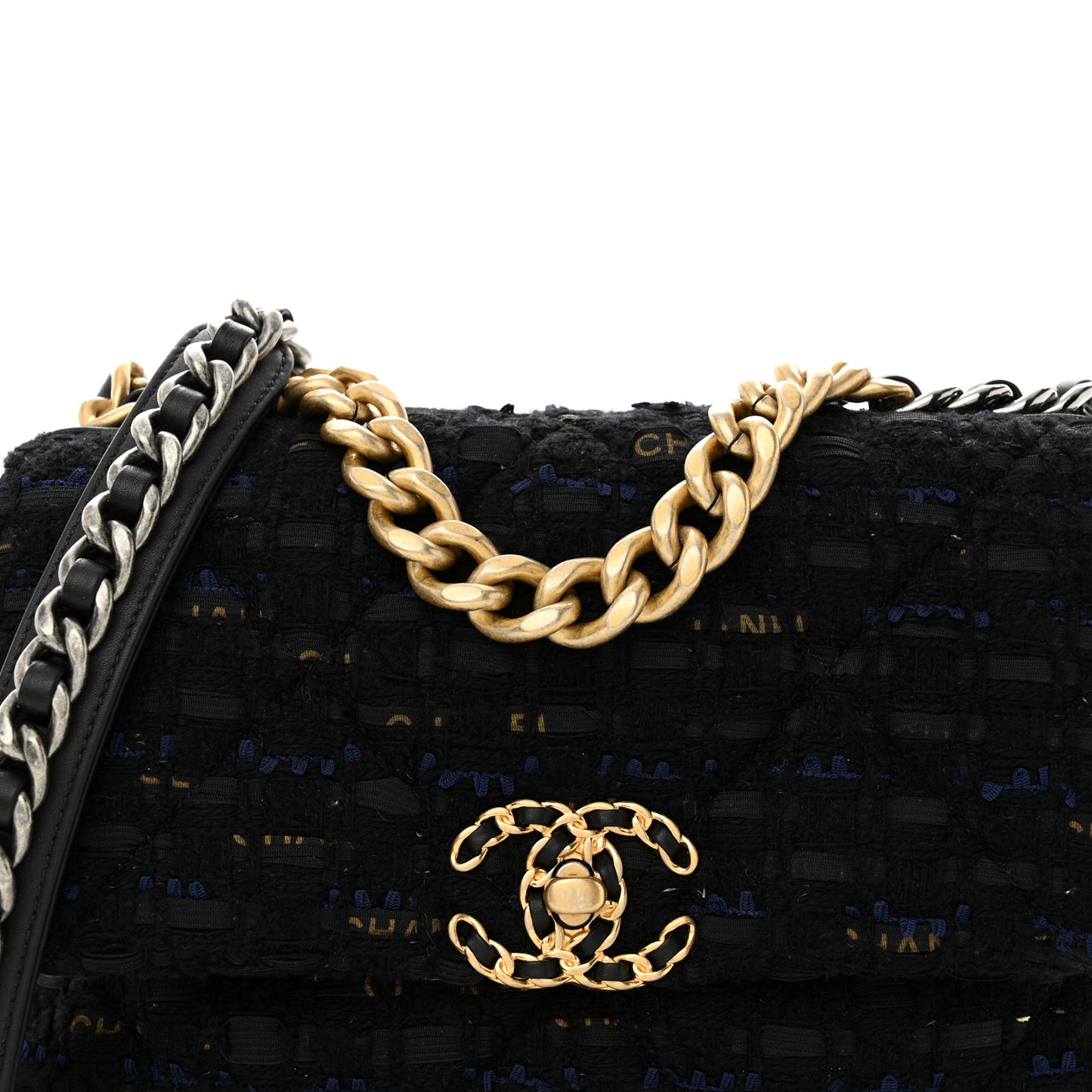 Tweed Quilted Medium Chanel 19 Flap Black Navy Gold