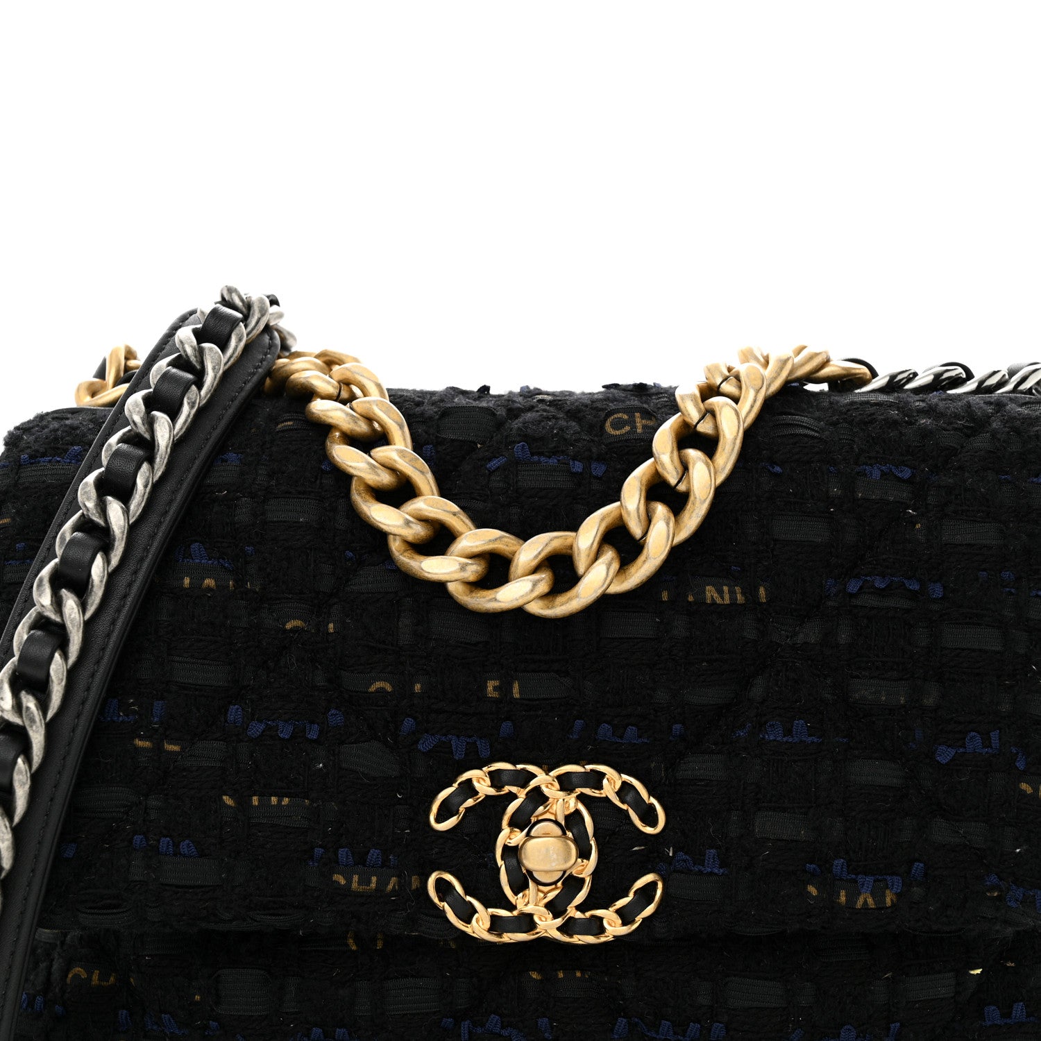 Chanel Tweed Quilted Medium Chanel 19 Flap Black Navy Gold 8 of 10