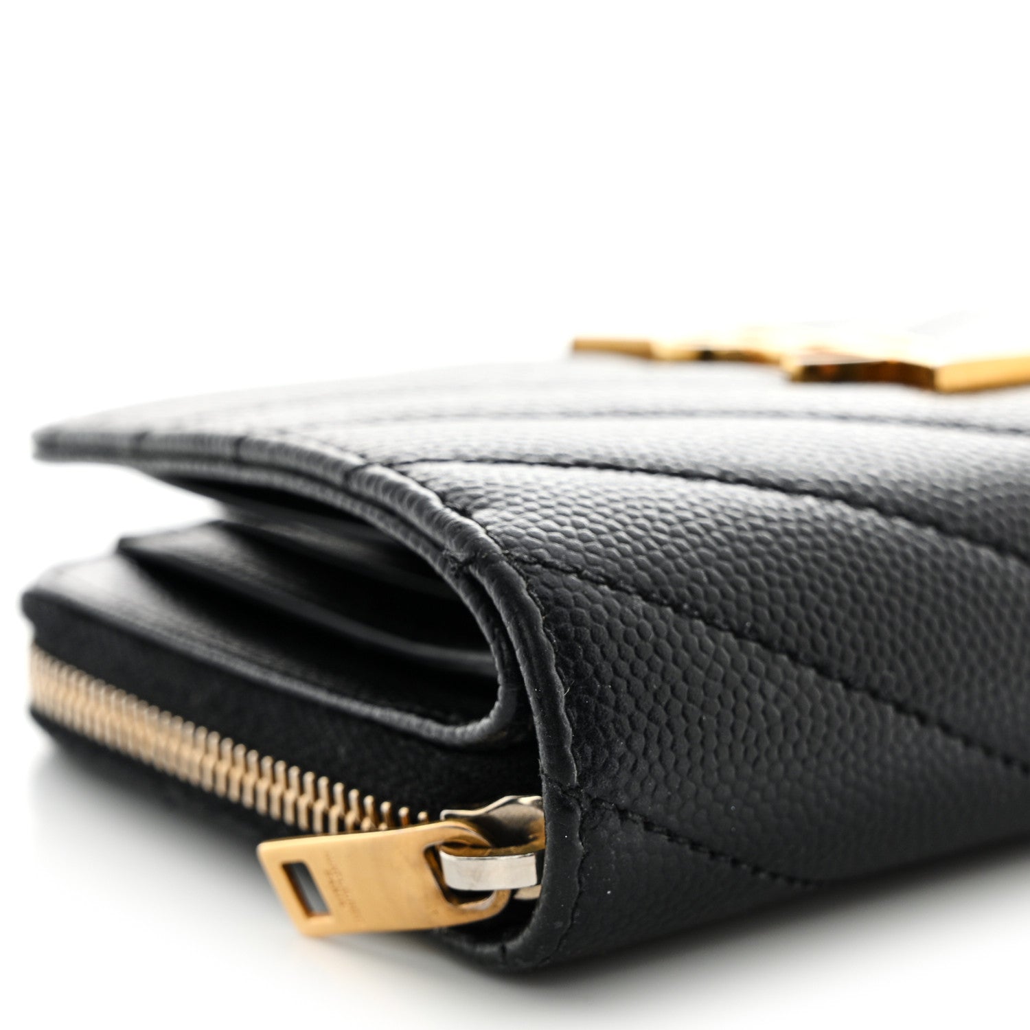 Saint Laurent Grain De Poudre Matelasse Chevron Monogram Compact Zip Around Wallet Black 11 of 14