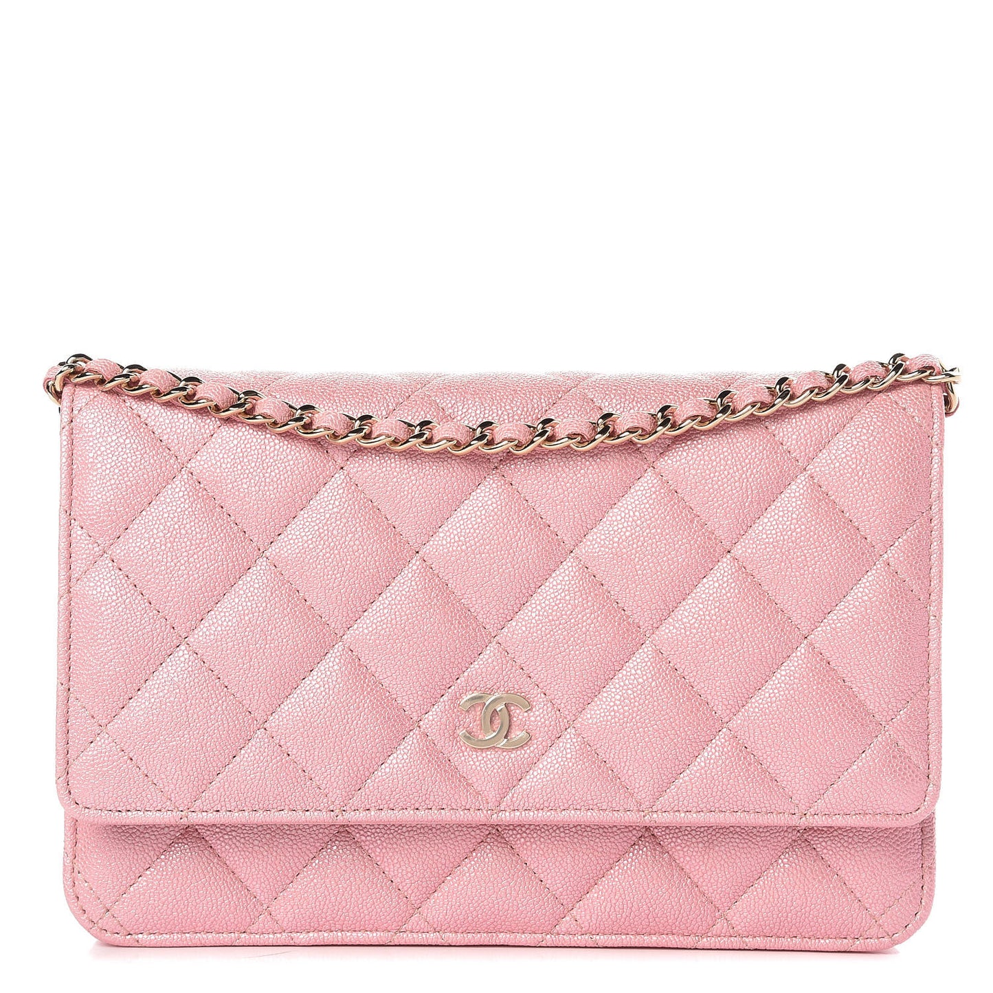 Iridescent Caviar Quilted Wallet on Chain WOC Rose Pink