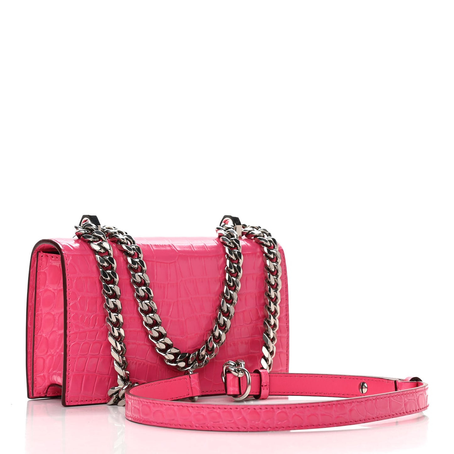 Shiny Crocodile Embossed Jeweled Satchel Peony Pink