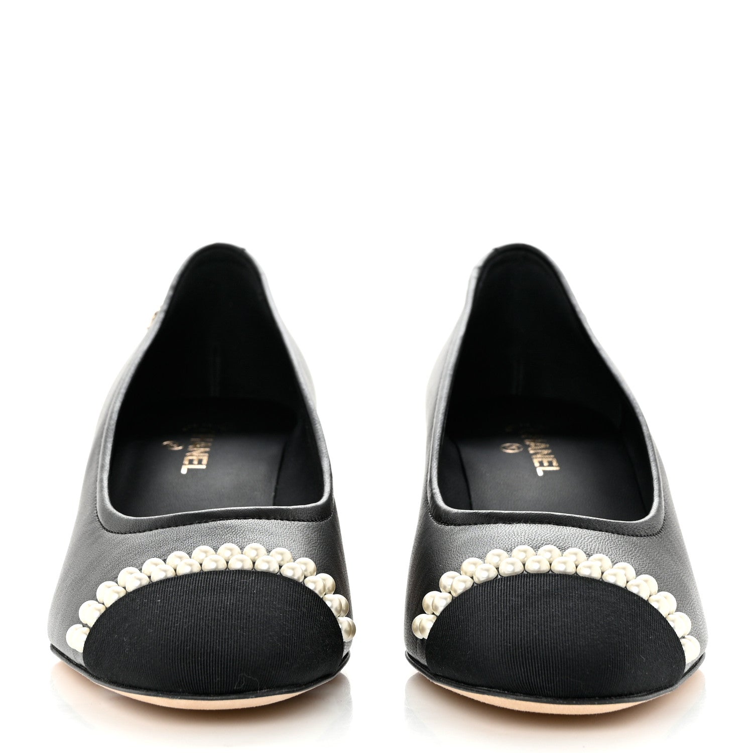 Chanel Lambskin Grosgrain Pearl Cap Toe CC Pumps 37 Black 2 of 9