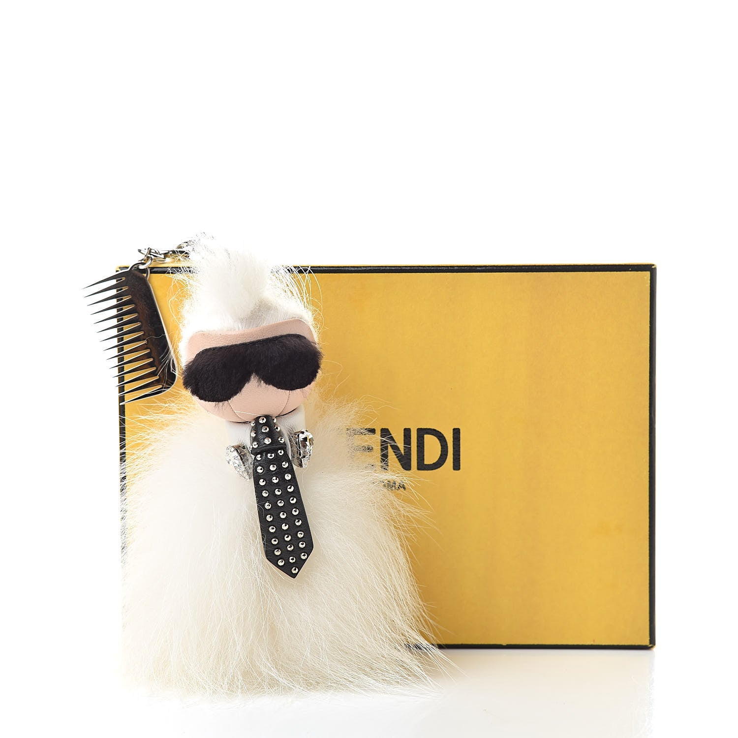 Fendi Fox Goat Mink Fur Nappa Crystal Studded Mini Karlito Tuxedo Bag Charm White Multicolor 5 of 5