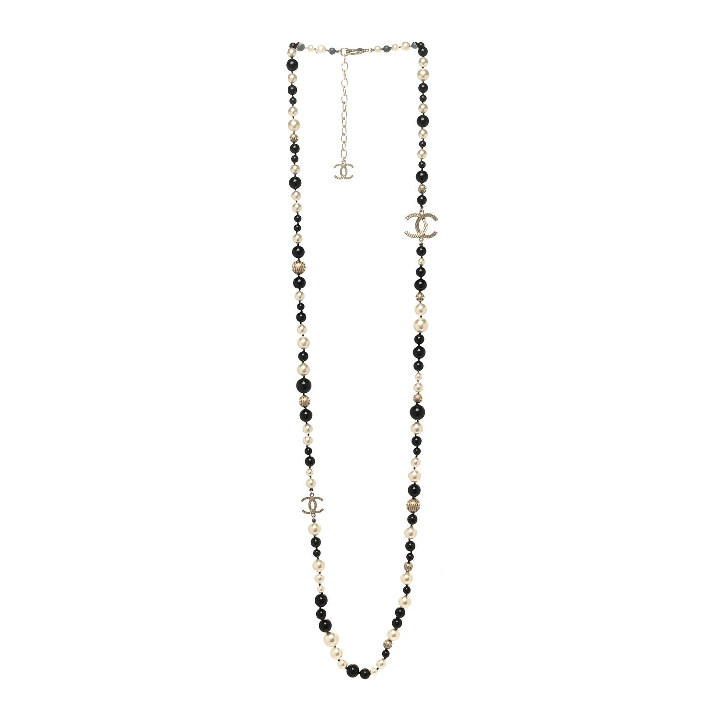 Metal Pearl Beaded Textured CC Long Necklace Gold Black Gold Black White