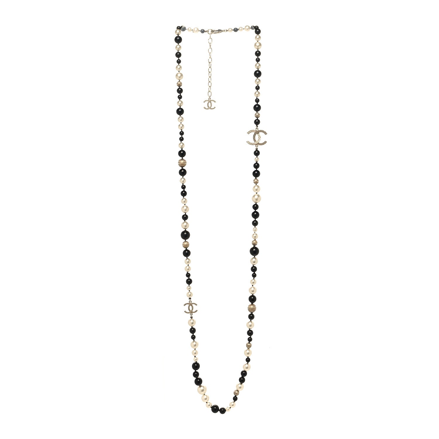 Chanel Metal Pearl Beaded Textured CC Long Necklace Gold Black Gold Black White 3 of 5