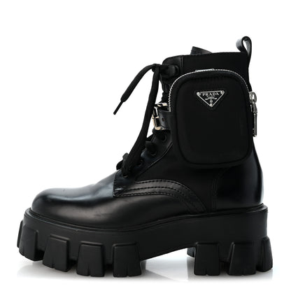 Prada Spazzolato Rois Nylon Metal Triangle Logo Monolith Pouch Pocket 55mm Boots 35 Black 1 of 9