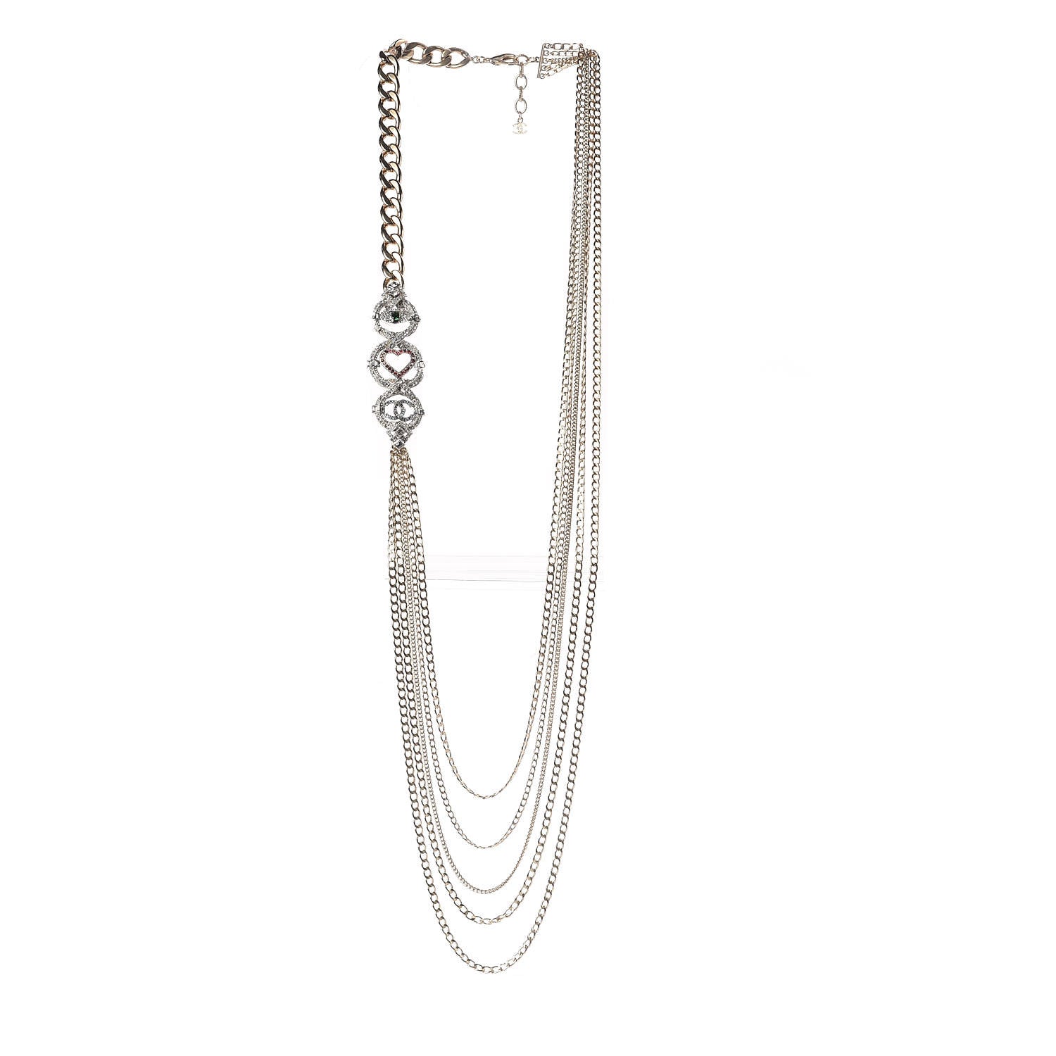 Chanel Crystal Eye Heart CC Multi Strand Chain Necklace Gold Green Pink Blue 3 of 6