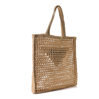 Prada Yarn Raffia Effect Crochet Logo Embroidered Tote Bag Naturale 4 of 8