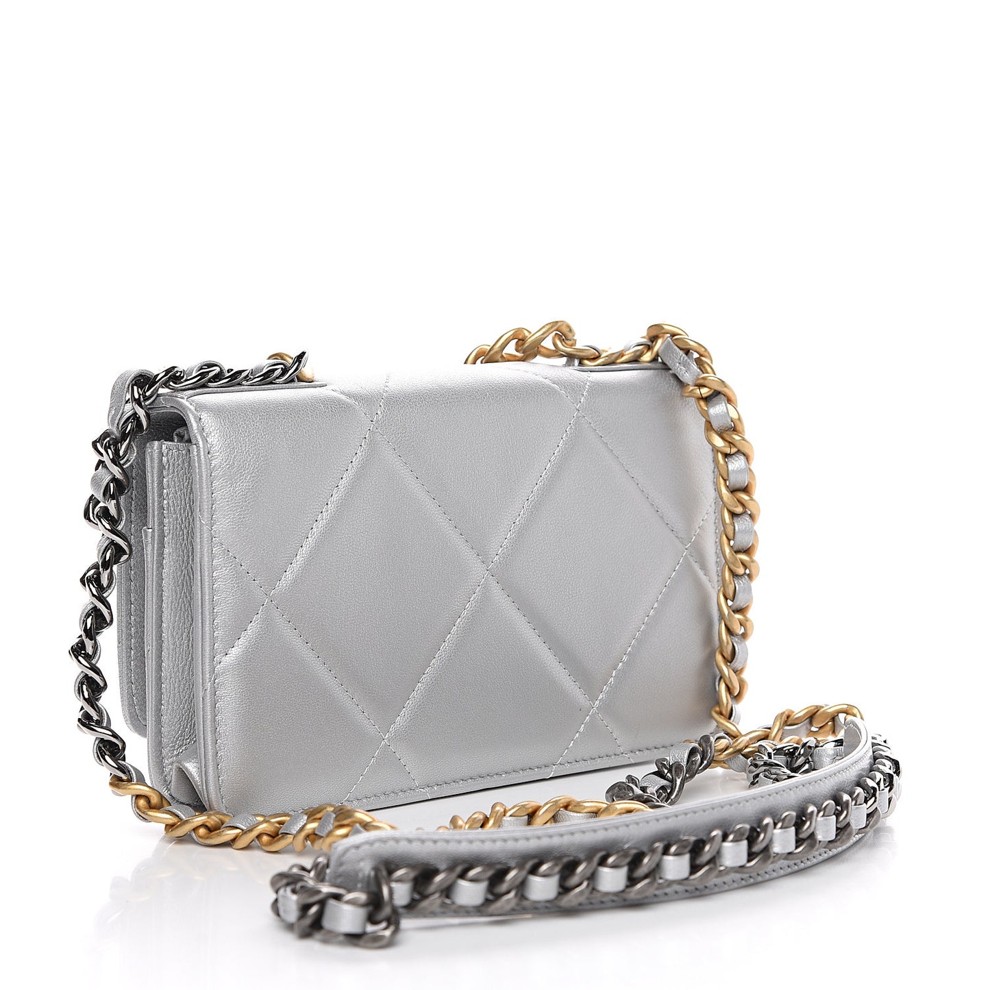 Metallic Goatskin Quilted 19 Wallet On Chain WOC Silver