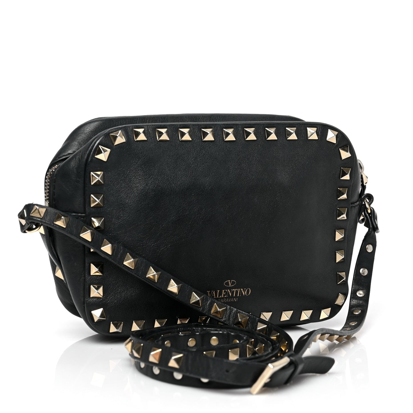 Pebbled Calfskin Rockstud Camera Crossbody Bag Black