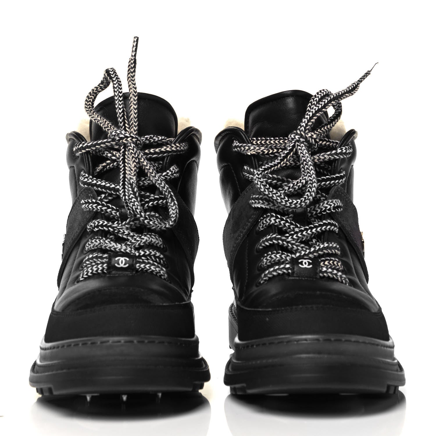Chanel Lambskin Shearling Suede CC High Lace Up Boots 37 Black 2 of 8