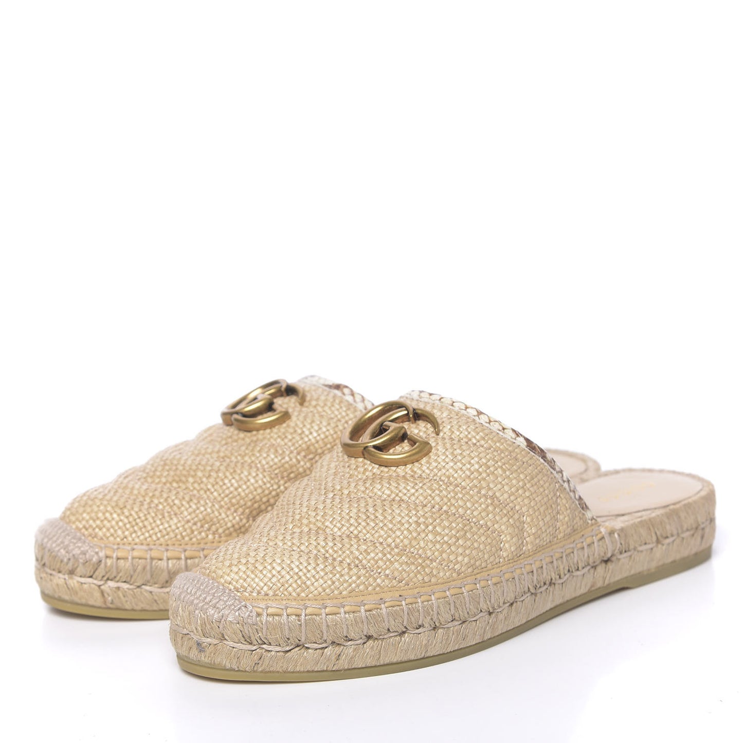 Straw Elaphe Matelasse GG Marmont Espadrille Slippers 36.5 Natural Cream Brown