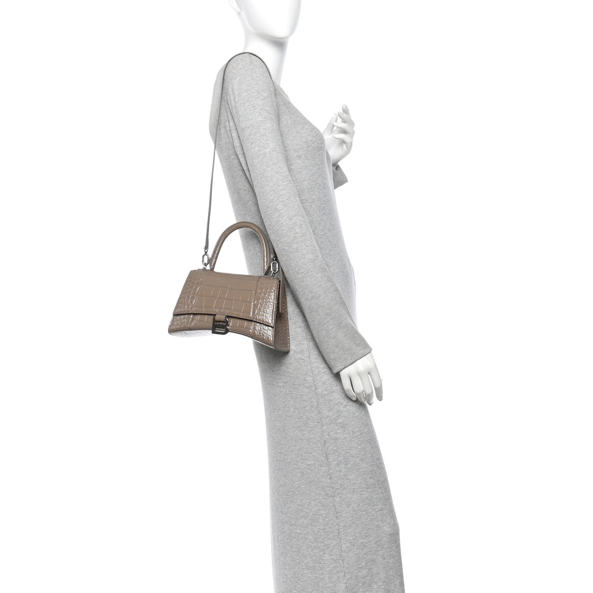 Calfskin Crocodile Embossed Small Hourglass Top Handle Bag Mink Grey
