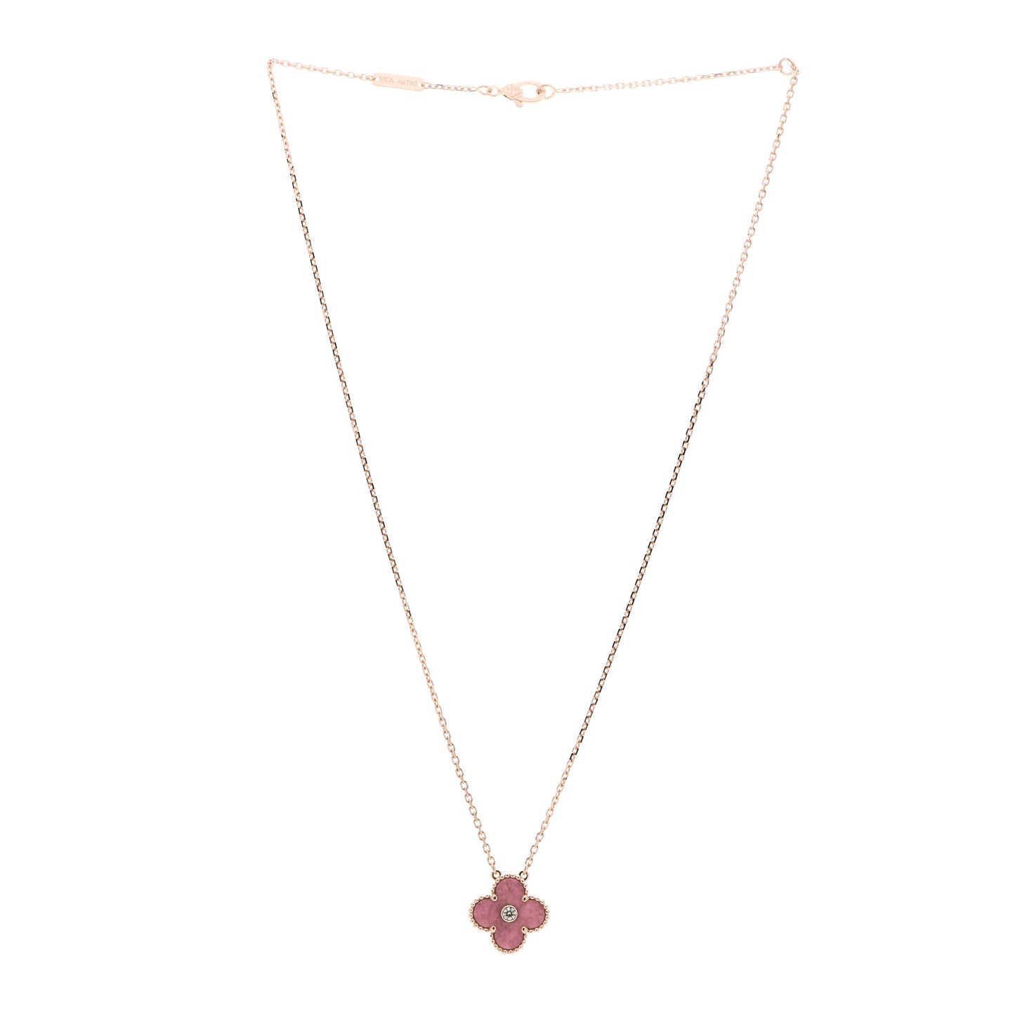 18K Rose Gold Diamond Rhodonite Vintage Alhambra Pendant Necklace