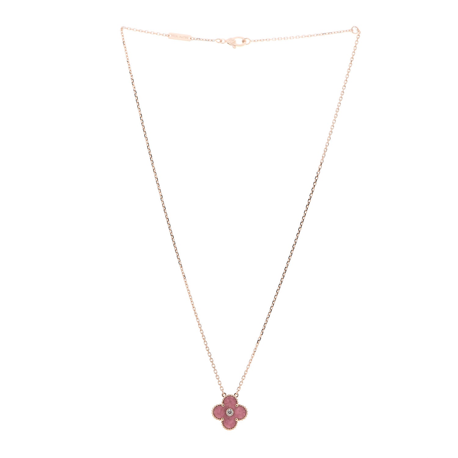 Van Cleef & Arpels 18K Rose Gold Diamond Rhodonite Vintage Alhambra Pendant Necklace 3 of 6