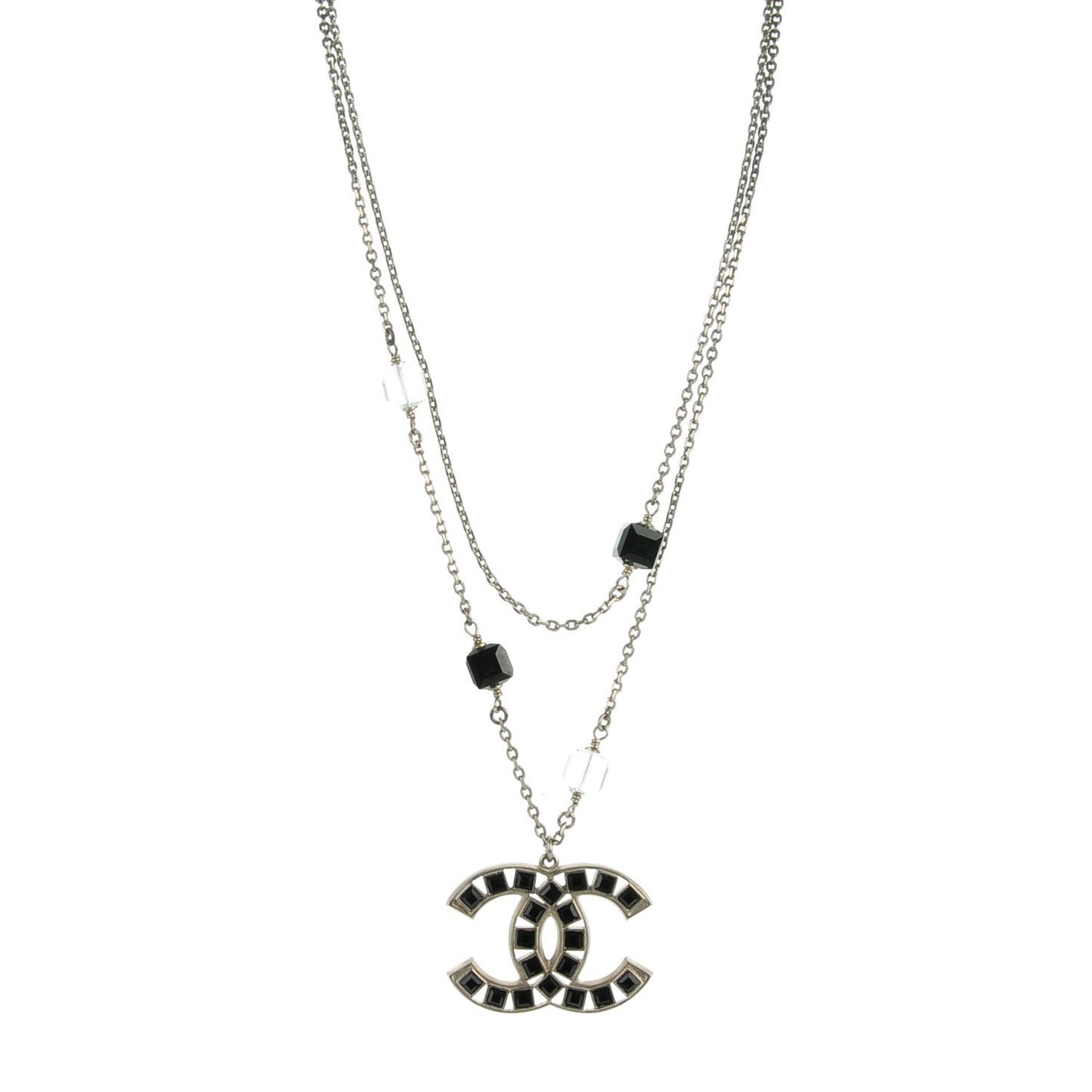 Baguette Crystal Beaded CC Necklace Black