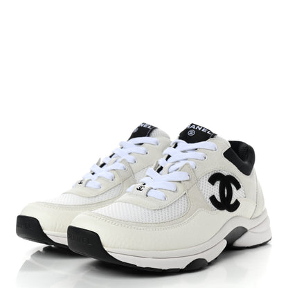Chanel Mesh Suede Calfskin Grained Calfskin Womens CC Sneakers 39 White Black 3 of 7
