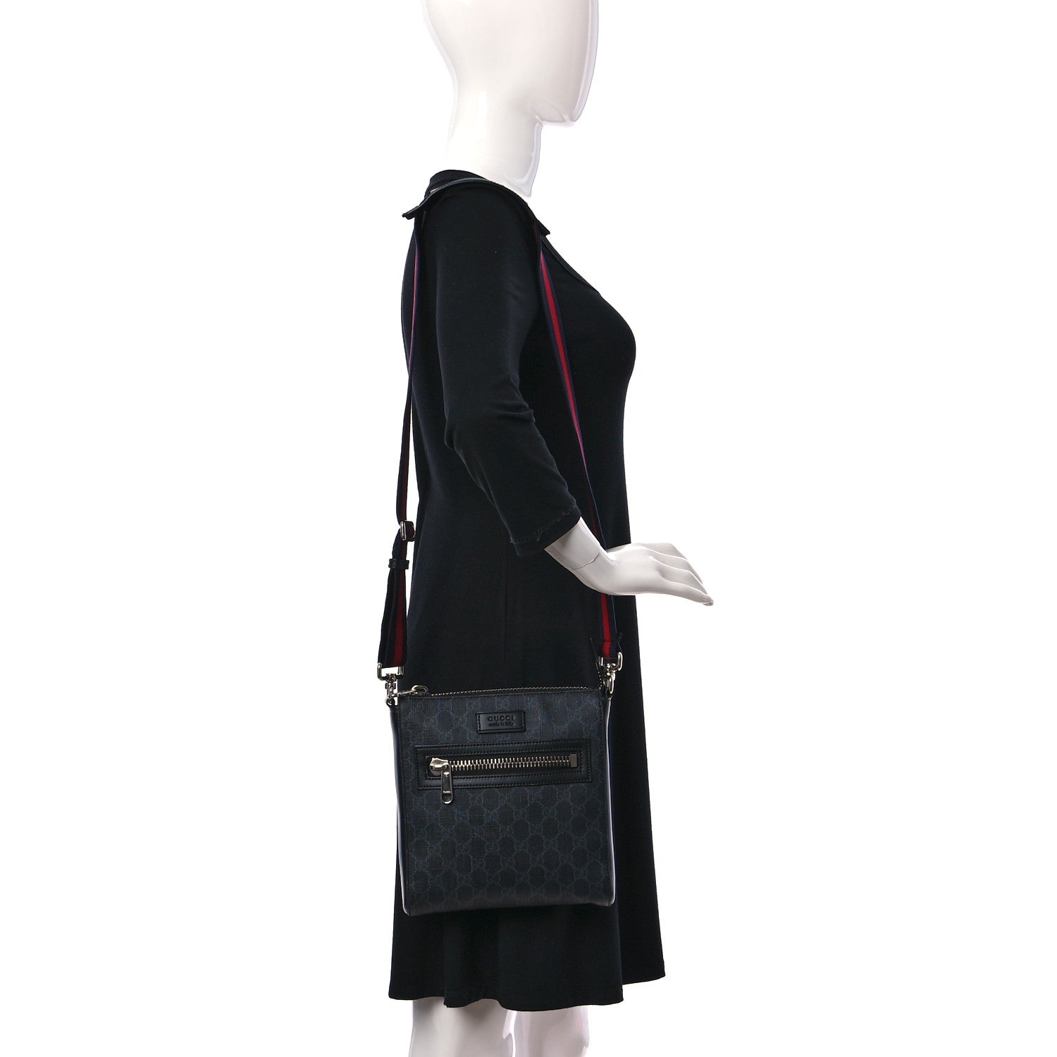 Gucci GG Supreme Monogram Web Small Flat Messenger Bag Black Grey 2 of 12