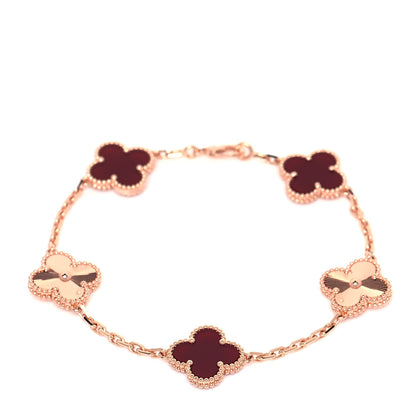 Van Cleef & Arpels 18K Rose Gold Carnelian 5 Motifs Guilloche Vintage Alhambra Bracelet 1 of 6