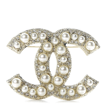 Chanel Pearl Crystal CC Brooch Gold 1 of 5