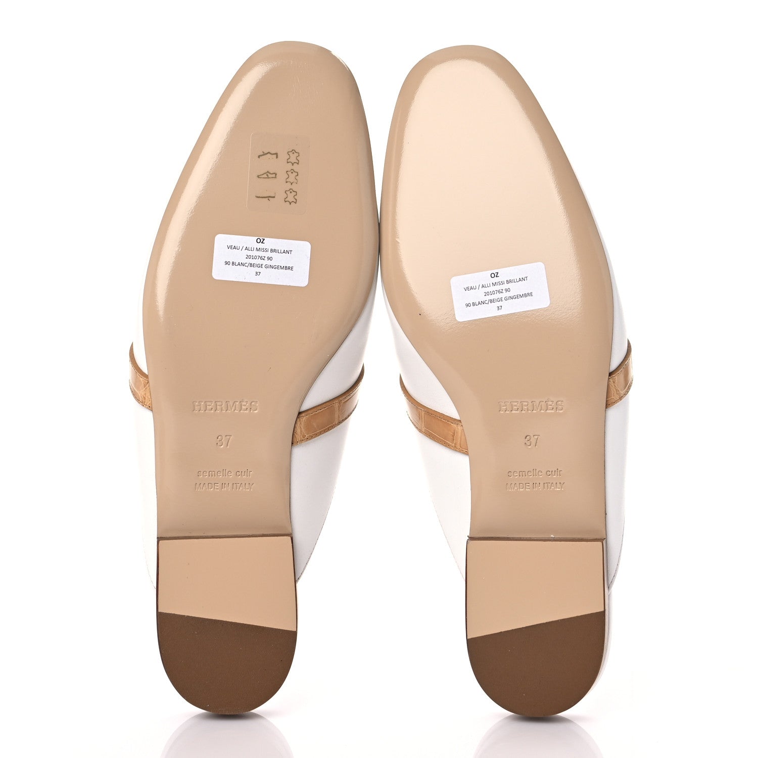 Hermes Shiny Alligator Calfskin Oz Mules 37 White Beige Gingembre 5 of 9