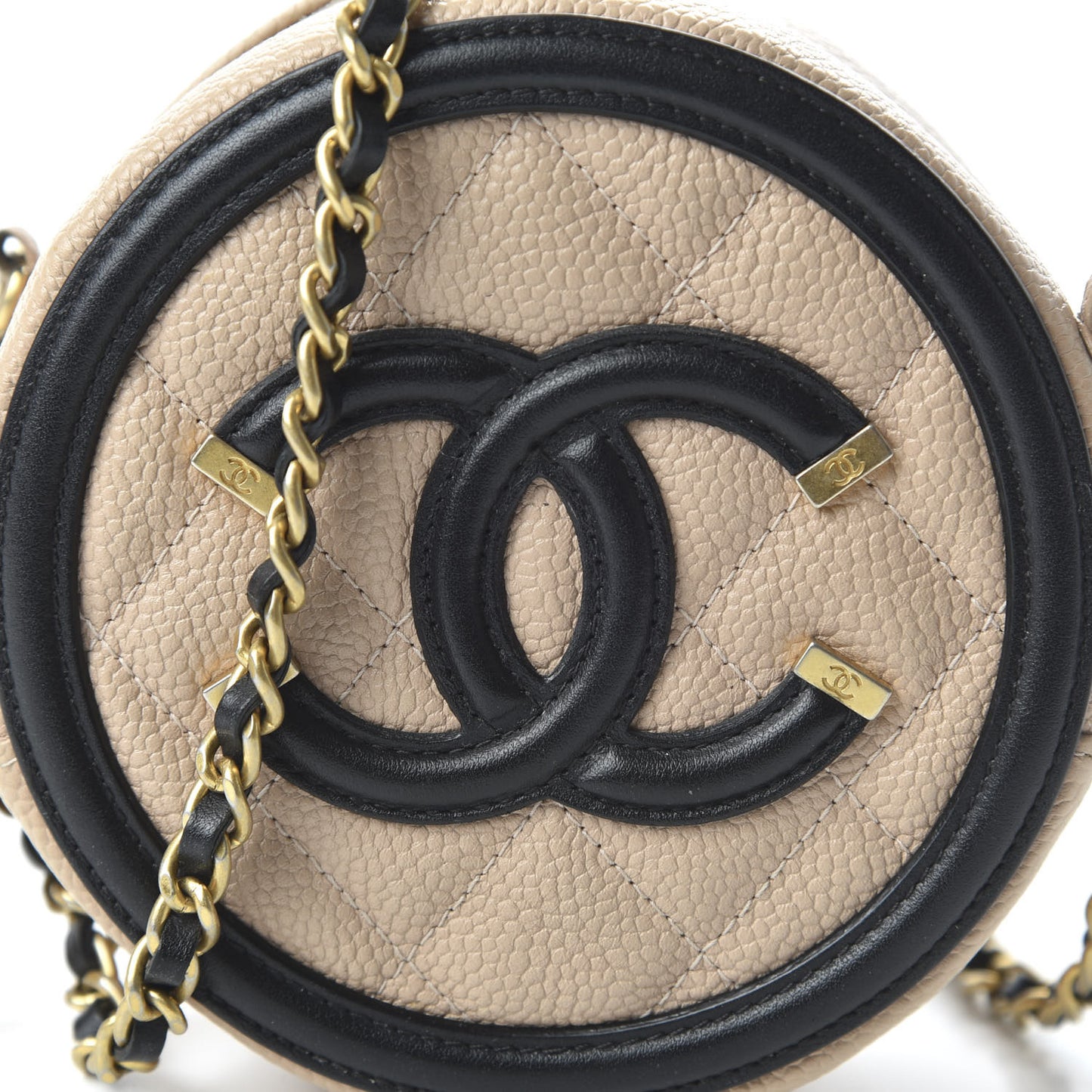 Caviar Quilted Round Filigree Crossbody Beige Black