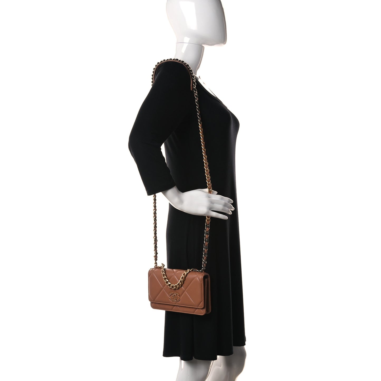 Lambskin Quilted Chanel 19 Wallet On Chain WOC Brown