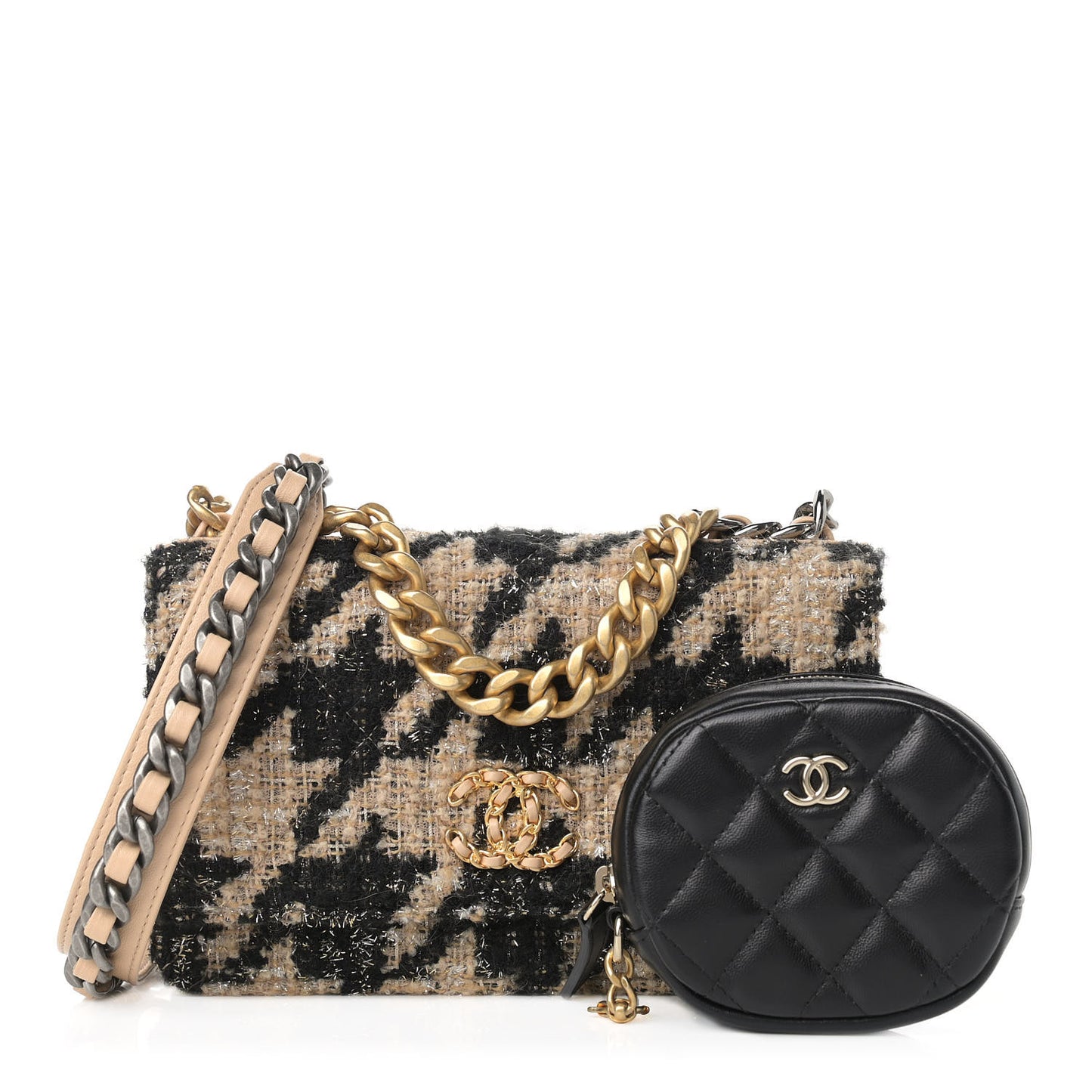 Wool Tweed Lambskin Quilted Chanel 19 Wallet On Chain WOC and Coin Purse Beige Black
