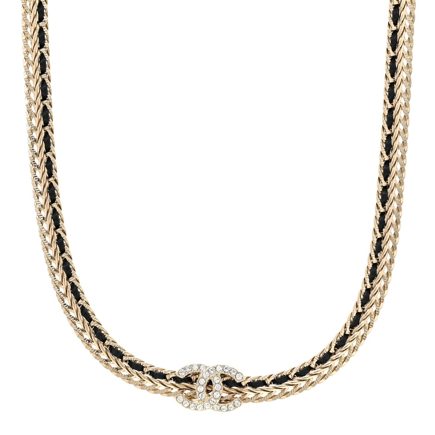 Metal Lambskin Crystal Chain CC Necklace Black Gold